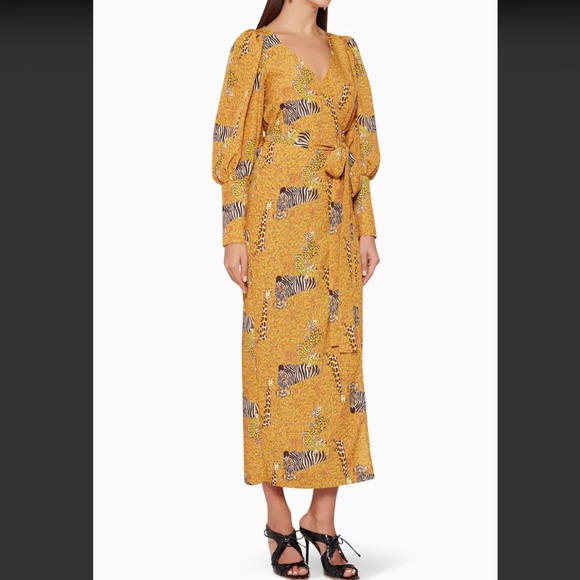 Rhode Aspen Serengeti Yellow Puff Sleeve Animal Print Zebra Wrap MIDI Dress - Picture 4 of 14